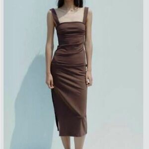 Zara Chocolate Brown Square Neck Ruched Detailing Midi Length Dress, NWT Sz S